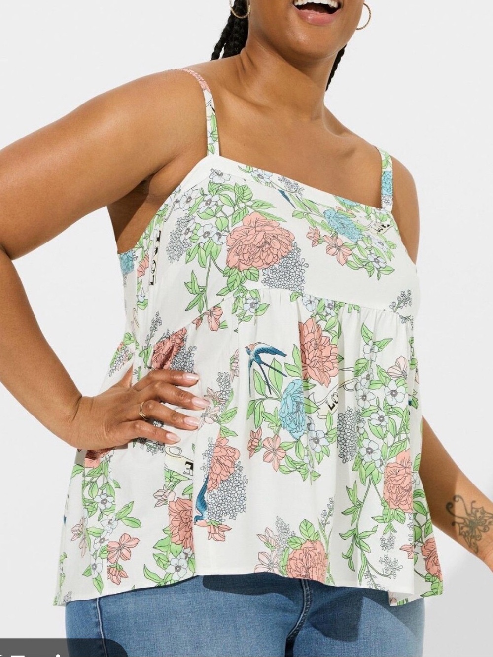 torrid White Floral Print Strappy Tank with Pastel Accents